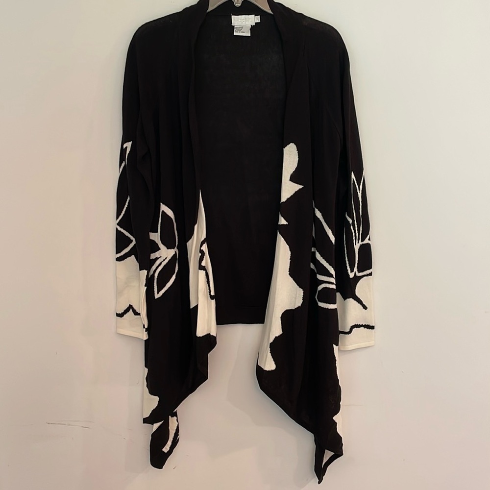 Adore Open Front Waterfall Cardigan Sweater Black White Floral Design Women L